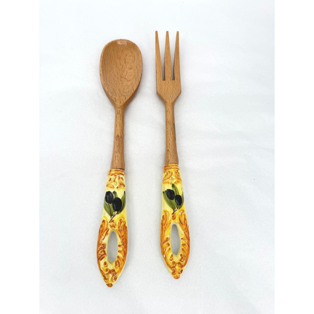 San Gimignano Salad Server Set Olive Pattern Wood Ceramic Italian Hand Painted